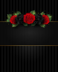 Premium invitation with red and black roses. Holiday invitation card or banner. Elegant black text frame.