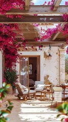 Obraz premium Patio with Bougainvillea Vines and Rustic Chairs