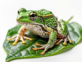 Obraz premium Vibrant Green Frog on Leaf, Transparent Background - Detailed High-Resolution Image of Cute Amphibian in Nature Setting