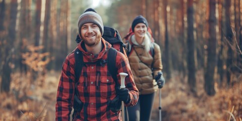 Fototapeta premium Photo of a young couple hiking on a nature trail, smiling and holding walking poles. Hiking and outdoor adventure concept. 
