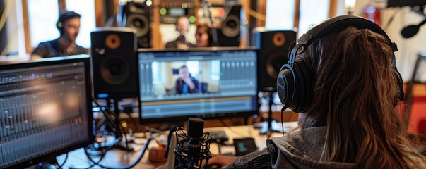 Professional audio engineer in recording studio mixing live sounds and editing video content on computer.