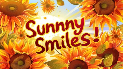 A vibrant illustration of sunflowers with the phrase "Sunny Smiles!" in a sunny, cheerful design.