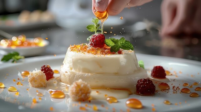 Culinary Artistry - Chef Garnishing Delicious Dessert with Fresh Mint on White Background