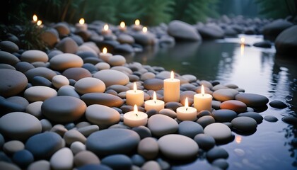 Obraz premium Memoriam candles left by river bank to honor the memory of someone loved and lost with smooth stones and calm water