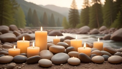 Memoriam candles left by river bank to honor the memory of someone loved and lost with smooth stones and calm water