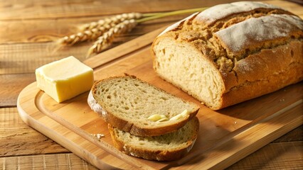 Freshly baked bread lying on a wooden board, with a  butter nearby
