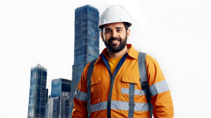 Professional workers, skyscrapers building double exposure on transparent background