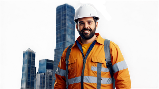 Professional workers, skyscrapers building double exposure on transparent background