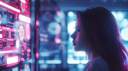 Young woman immersed in futuristic data analysis with neon lights