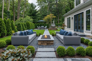 Modern outdoor seating area with grey sofas and elegant fire pit, surrounded by lush green hedges in a New England backyard during summer