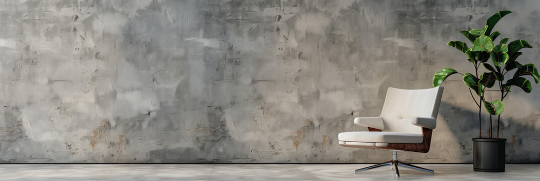 Office waiting area with modern single seater and live plant, cement render blank wall on the left for text. For website and email banners