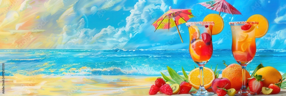 Poster two colorful cocktails with fruit garnishes and umbrellas sit on a beach with a blue ocean and sky b