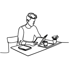Continuous one line drawing student boy, reading book. Vector graphic illustration.