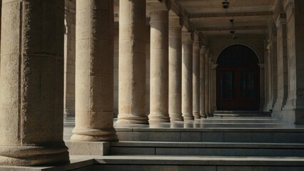 Classical Pillars and Stone Stairs – Architectural Detail of Colonnade on Building Facade