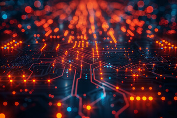 Obraz premium Glowing digital circuitry with nodes and lines forms a dynamic and futuristic techno landscape