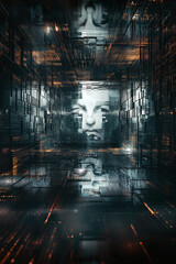 A digital labyrinth with a fragmented face projected on the walls, symbolizing the complexity and disorientation of deepfake technology in a cybernetic environment.