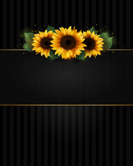 The elegant dark background with three sunflowers. Design of a holiday invitation or banner. Luxurious black text frame.