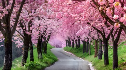 Enchanting Cherry Blossom Pathway Showcasing the Beauty of Spring Nature