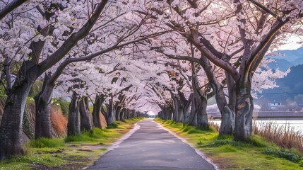 Enchanting Cherry Blossom Pathway in Vibrant Spring Bloom