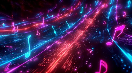Abstract background with glowing neon musical notes in a digital space.