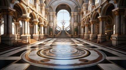 Obraz premium A realistic fantasy white gold marble interior of the royal palace. golden palace. castle interior. Fiction Backdrop 