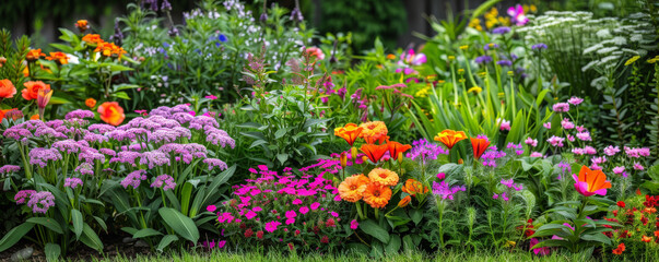 A vibrant flower garden backdrop with colorful blooms and lush greenery, creating a cheerful and lively atmosphere.