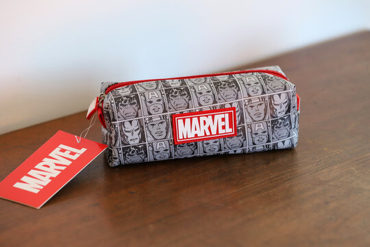 
School pencil case with Marvel superhero characters. School accessory. Isolated white. Background with copy space.