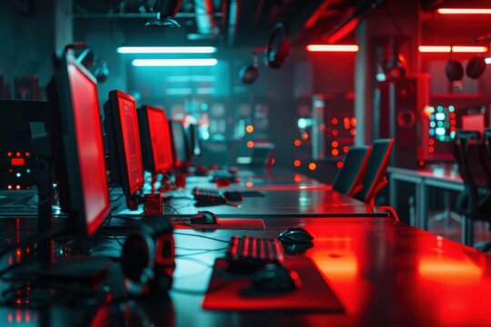 Empty Gaming Center with Red and Blue Lighting