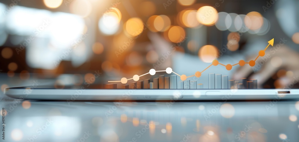 Fototapete using tablets and laptops, business people analyze financial data, with growth graphs and rising arr