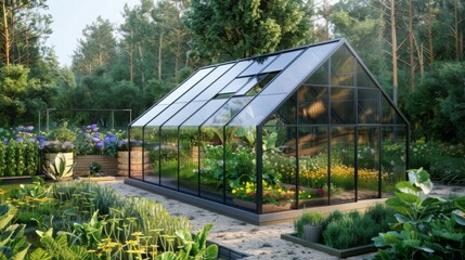 Fototapeta premium A glass greenhouse stands in a lush, green garden surrounded by towering trees. The greenhouse is filled with vibrant plants and flowers.