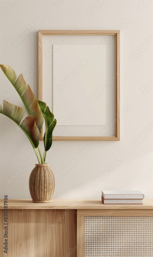 Aufkleber Close-up 3D rendering of an empty white frame mockup on the wall, positioned above a wooden sideboard with a cactus and book in a wicker vase, highlighting a minimalist interior design style.