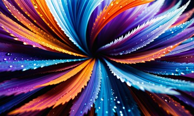 close-up of a colorful, abstract flower-like pattern with vibrant petals in shades of orange, blue, purple, and white.