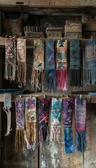 Fototapeta premium Handmade Textile Bookmarks on Rustic Shelf - Unique Embroidery Design for Book Lovers and Craft Enthusiasts