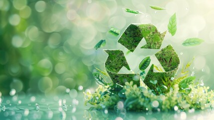 Abstract 3D green earth with recycling arrows and nature elements, symbolizing eco-friendly practices