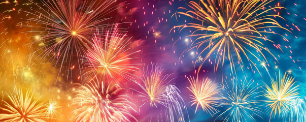 Fototapeta premium Multicolored fireworks creating a vibrant scene, with the bottom half of the image reserved for copy space.