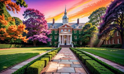 beautiful garden with a large building in the background, surrounded by trees and flowers.
