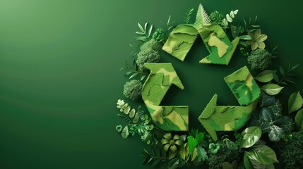 Abstract 3D green earth with recycling arrows and nature elements, symbolizing eco-friendly practices