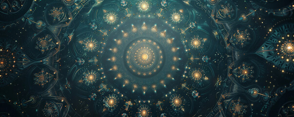 A dark background with intricate, glowing mandala patterns, creating a mystical and enchanting atmosphere.