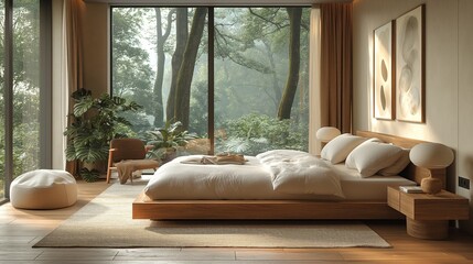 Fototapeta premium Cozy Bedroom with Large Windows Overlooking Nature, Perfect for Home Decor and Relaxation Content