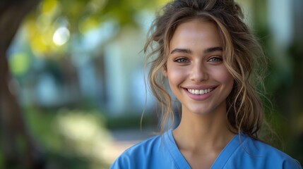 Smiling Young Woman in Scrubs, Ideal for Healthcare and Professional Content
