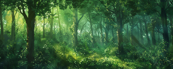 Fototapeta premium A lush green forest background with tall trees and dappled sunlight filtering through the leaves, creating a tranquil and natural setting.