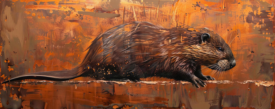 A delightful painting of a beaver on a vibrant copper background, capturing the beaver's industrious nature and detailed fur.