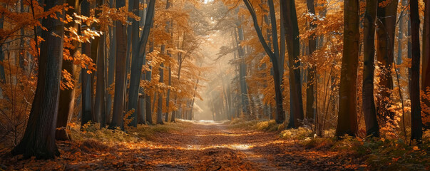 A peaceful forest path backdrop with tall trees, dappled sunlight, and a carpet of fallen leaves, creating a tranquil and enchanting scene.