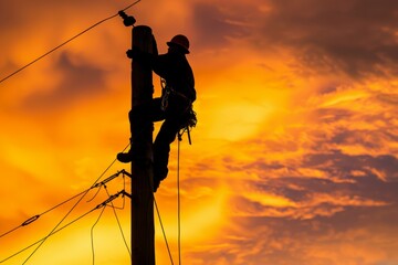 Silhouetted Lineman at Sunset