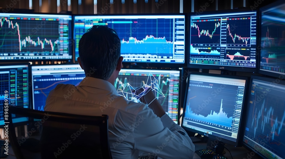 Aufkleber Financial Trader Analyzing Market Data with Multiple Digital Screens