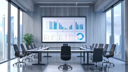 Empty conference room with modern furniture, large screen, and business charts on the walls