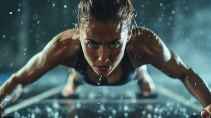 Intense close-up of a woman performing a strenuous gym workout in the rain.