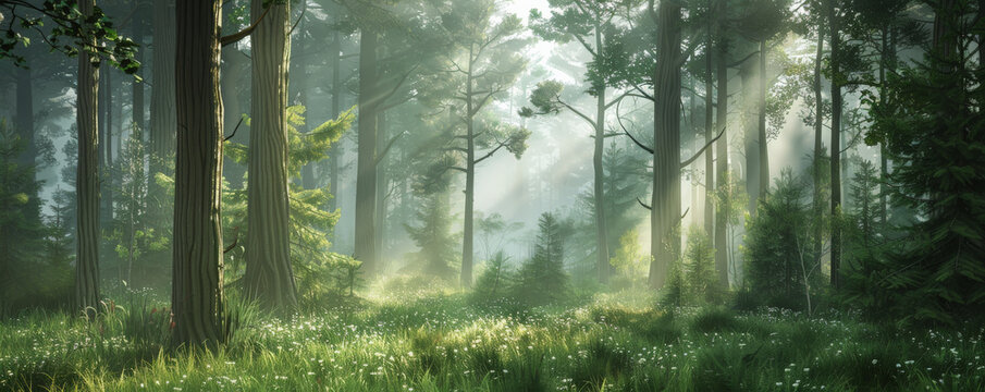 A tranquil forest backdrop with tall trees, a soft mist, and dappled sunlight, creating a peaceful and enchanting scene.