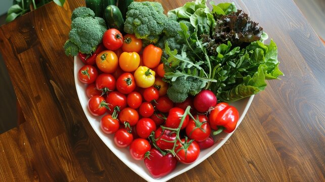 Fresh vegetables in a heart bowl on a nutritionist's desk, highlighting the importance of diet