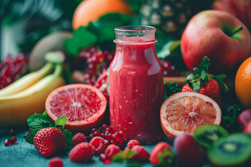 A glass of fresh juice next to a jar of homemade strawberry jam